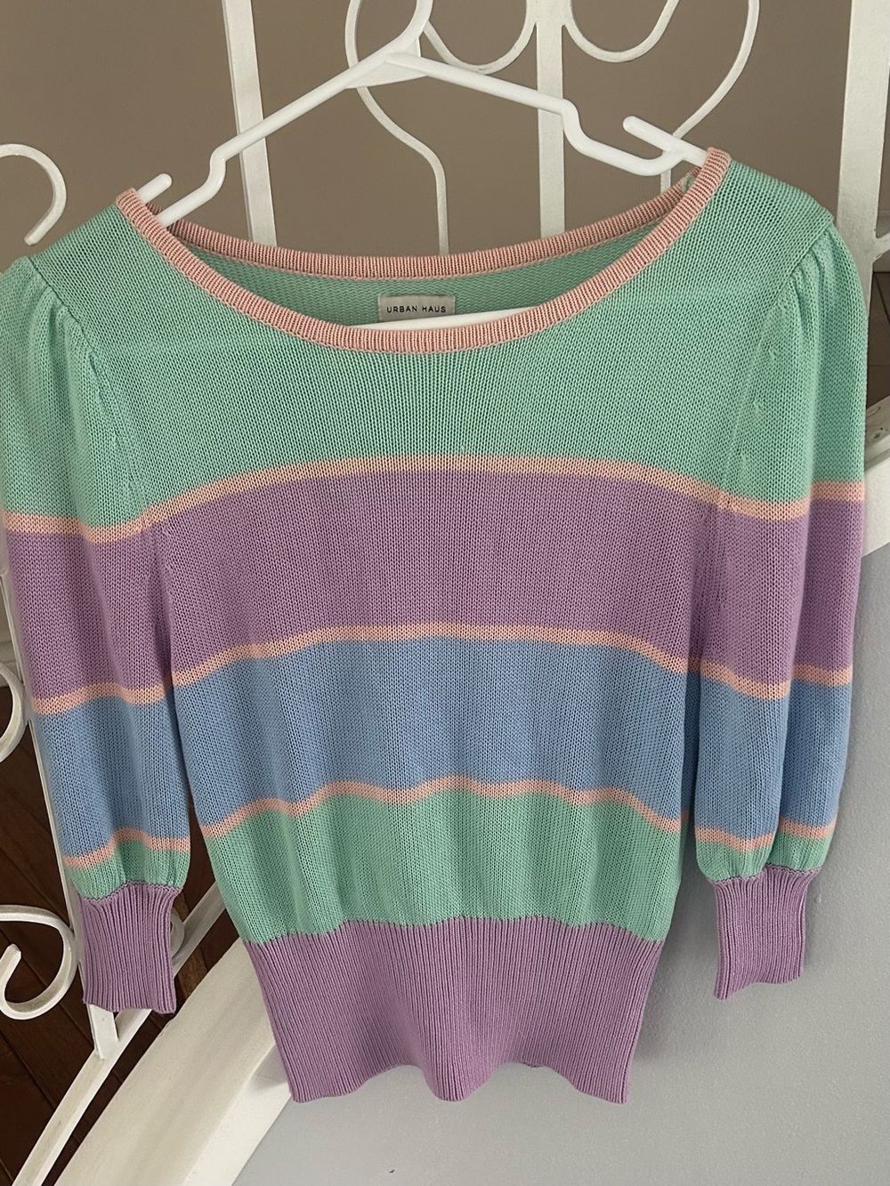 The Urban Haus Women’s Pastel Striped Knit Sweater Top Puff Sleeve- Size S - Picture 8 of 11
